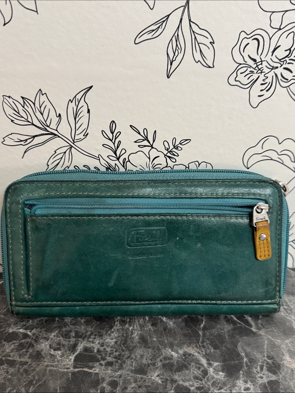 Fossil Teal Zip Wallet with Mustard Leather Pulls - Picture 3 of 4